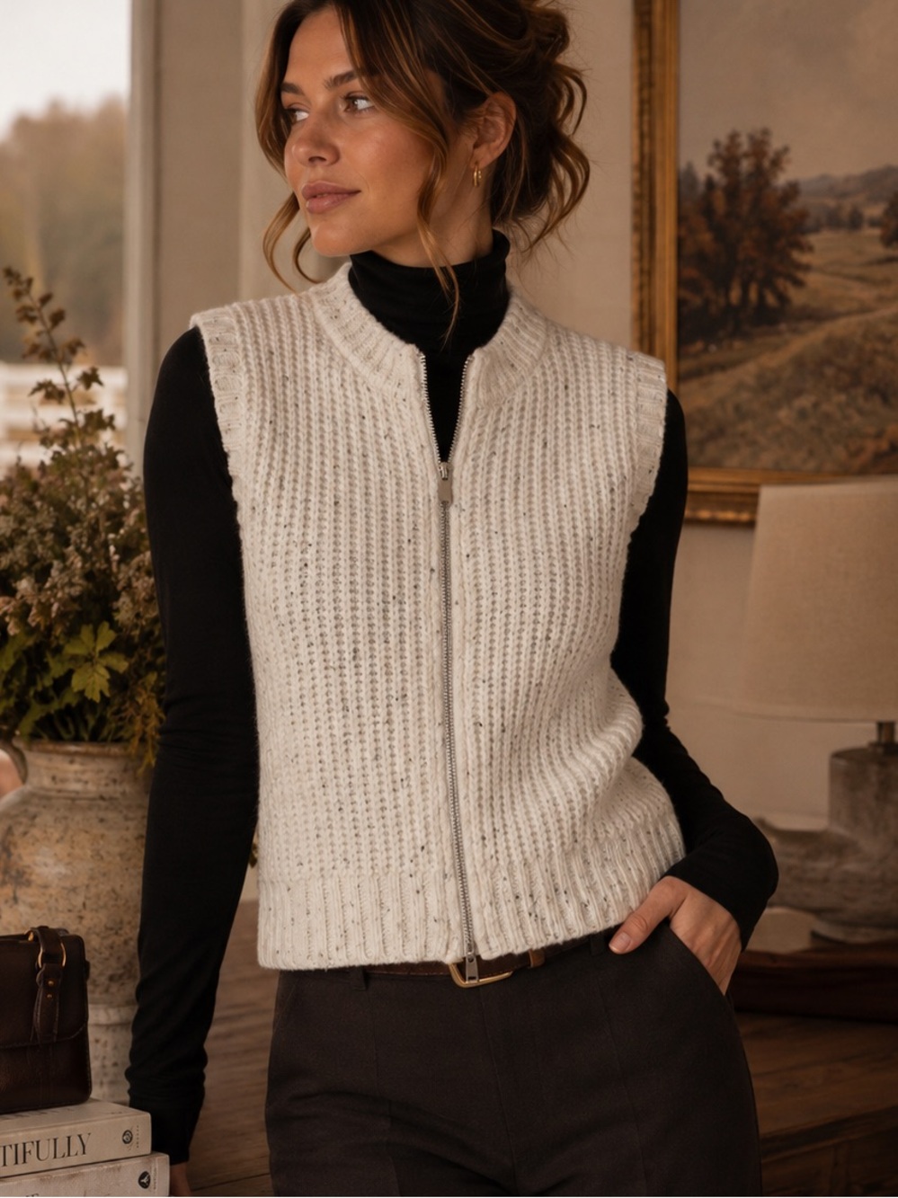 Cotton On Cream Speckled Chunky Knit Zip Front Sweater Vest Small